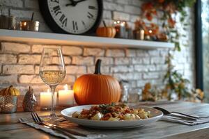 Elegant autumn dinner setting with roasted cauliflower and decorative pumpkins in warm light photo