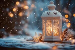 Delicate lantern with snowflakes illuminating a wintry evening in a cozy setting photo