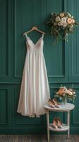 Elegant wedding dress displayed with floral bouquet and shoes in a serene green room setting photo