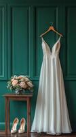 Elegant wedding dress displayed with floral bouquet and shoes in a serene green room setting photo