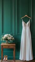 Elegant wedding dress displayed with floral bouquet and shoes in a serene green room setting photo