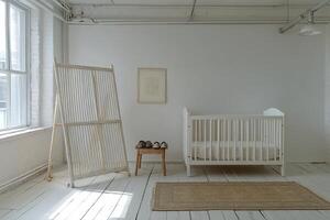 Simple and serene baby nursery with natural light, white crib, and cozy decor in a calm setting photo