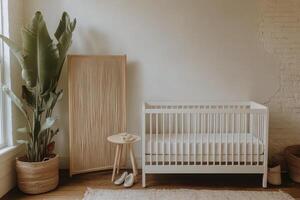Simple and serene baby nursery with natural light, white crib, and cozy decor in a calm setting photo