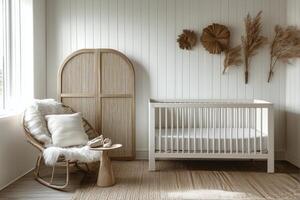 Simple and serene baby nursery with natural light, white crib, and cozy decor in a calm setting photo