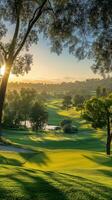 Serene morning sunlight illuminates a well manicured golf course in natures embrace photo