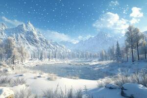 Snowy winter landscape with mountains and a serene river under a bright blue sky photo