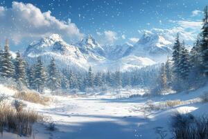 Snowy winter landscape with mountains and a serene river under a bright blue sky photo