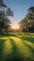 Serene morning sunlight illuminates a well manicured golf course in natures embrace photo