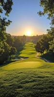 Serene morning sunlight illuminates a well manicured golf course in natures embrace photo