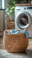 Laundry basket filled with colorful towels beside a washing machine in a cozy laundry room photo