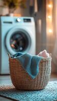 Laundry basket filled with colorful towels beside a washing machine in a cozy laundry room photo