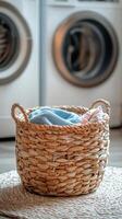 Laundry basket filled with colorful towels beside a washing machine in a cozy laundry room photo