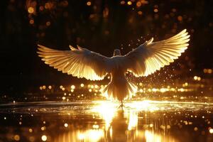 Majestic bird with outstretched wings illuminated by sunlight over a serene water surface photo