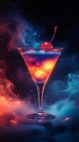 Colorful cocktail with cherry and smoke effect against dark background photo