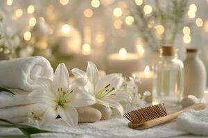 Tranquil spa setting with candles, blossoms, and natural elements for relaxation and rejuvenation photo