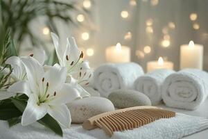 Tranquil spa setting with candles, blossoms, and natural elements for relaxation and rejuvenation photo