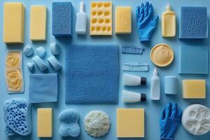 A collection of various blue cleaning supplies arranged neatly on a flat surface for organization photo