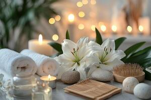 Tranquil spa setting with candles, blossoms, and natural elements for relaxation and rejuvenation photo