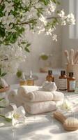 Relaxing spa setup with white towels, essential oils, and fresh lilies in soft natural light photo