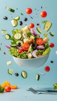 Fresh salad ingredients levitate above a bowl in a vibrant kitchen setting at mealtime photo