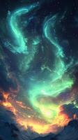 Stunning celestial display of colorful lights in the night sky over a mountainous region photo