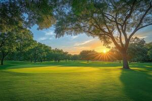 A serene golf course at sunset with lush greens and trees under a colorful sky photo