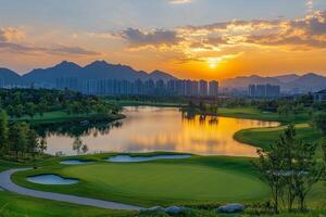Scenic view of a tranquil lake at sunset with mountains and city skyline in the background photo