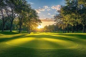 A serene golf course at sunset with lush greens and trees under a colorful sky photo
