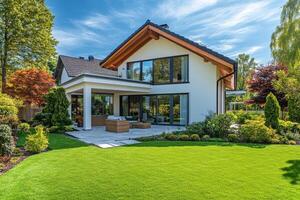 Modern house design with vibrant garden and green lawn under bright blue sky in summer photo