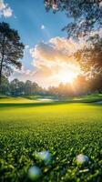 Stunning sunset over a serene golf course with water features and lush greens in the distance photo