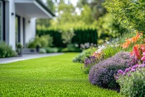 Modern house design with vibrant garden and green lawn under bright blue sky in summer photo