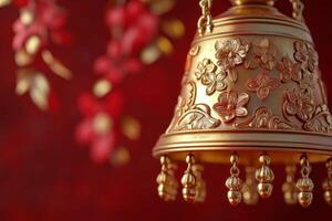 Decorative golden bell adorned with floral designs against a vibrant, red background photo