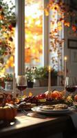 A cozy autumn table setting with wine, fruits, and seasonal decorations near a bright window photo