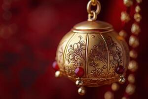 Decorative golden bell adorned with floral designs against a vibrant, red background photo