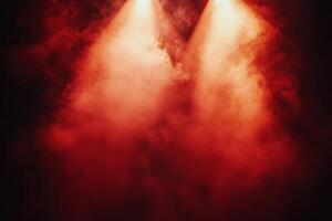 Bright red stage lights illuminate smoky atmosphere in a dramatic performance setting photo