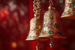 Decorative golden bell adorned with floral designs against a vibrant, red background photo