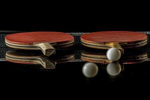 A close view of a table tennis game in progress with balls and net under dramatic lighting photo