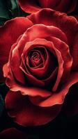 Close up view of a red rose showcasing intricate petal details and vibrant colors photo
