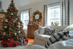 Decorative red truck ornament hanging on a Christmas tree with cozy living room backdrop and pillows photo