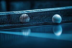 A close view of a table tennis game in progress with balls and net under dramatic lighting photo