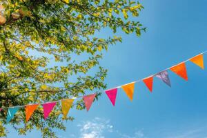 Brightly colored party flags waving under a clear blue sky during a sunny afternoon photo