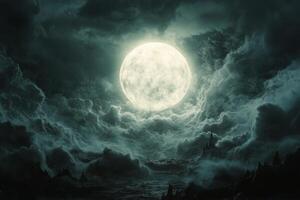 A bright full moon surrounded by dramatic clouds over a dark landscape at night photo