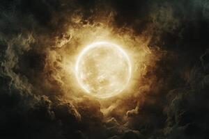A bright full moon surrounded by dramatic clouds over a dark landscape at night photo