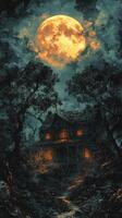 An eerie old house illuminated by a full moon surrounded by dark trees at night photo