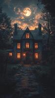 An eerie old house illuminated by a full moon surrounded by dark trees at night photo