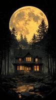 An eerie old house illuminated by a full moon surrounded by dark trees at night photo