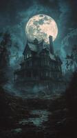 An eerie old house illuminated by a full moon surrounded by dark trees at night photo