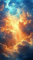 Radiant beams of sunlight breaking through dark storm clouds in a dramatic sky during the day photo