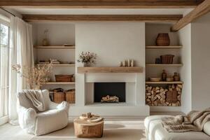 Cozy modern living room featuring a unique chair and natural light on a sunny afternoon photo