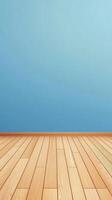 Sunlight casting shadows on a blue wall with wooden flooring in a serene interior space photo